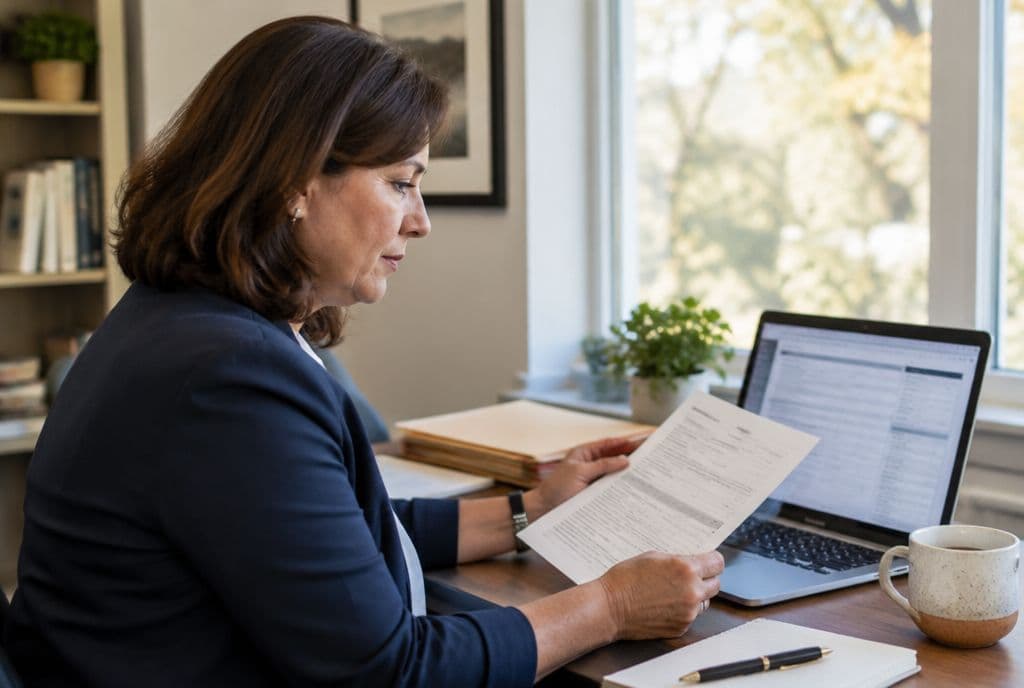 An agency owner compares a printed policy with a laptop at a sunny office desk
